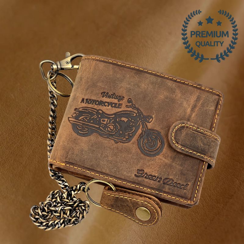portofel barbati maro cu aspect vintage personalizat cu motocicleta din piele naturala